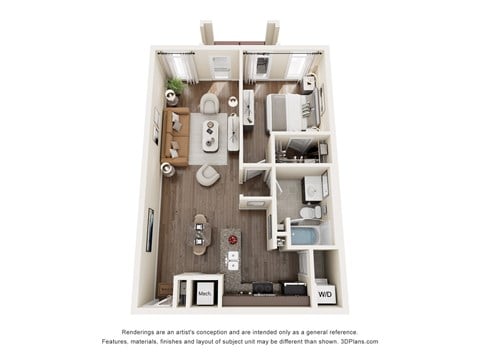 Floor plan for 1 bed, 1 bath, 726 sqft